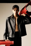 LEATHER JACKET WITH CONTRASTING DORI COLLAR